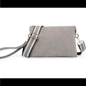 Jen & Co Faux Suede Grey Crossbody Handbag w/ Guitar Strap NWT